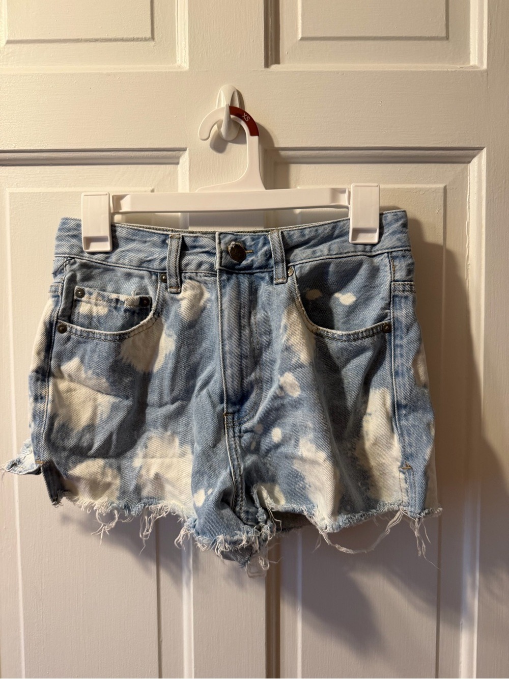 NEON BLONDE Bleach-Splatter Light Blue Denim Cutoff Shorts